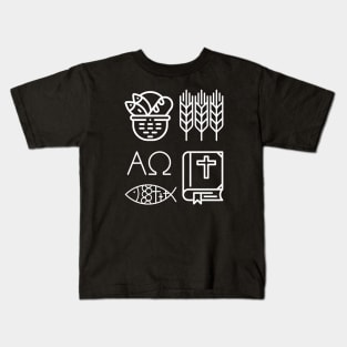 Black and White Christian Symbols Alpha, Omega, Wheat, Harvest, Bible, Fish, Bread Kids T-Shirt